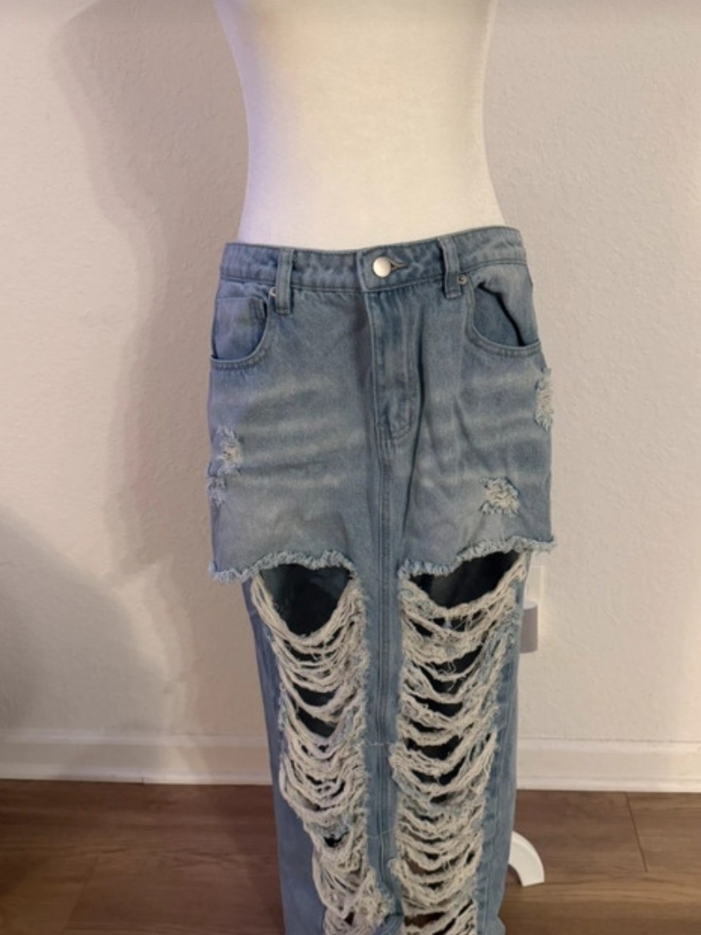 Fashion Nova Blue Straight Leg Distressed Denim Skirt